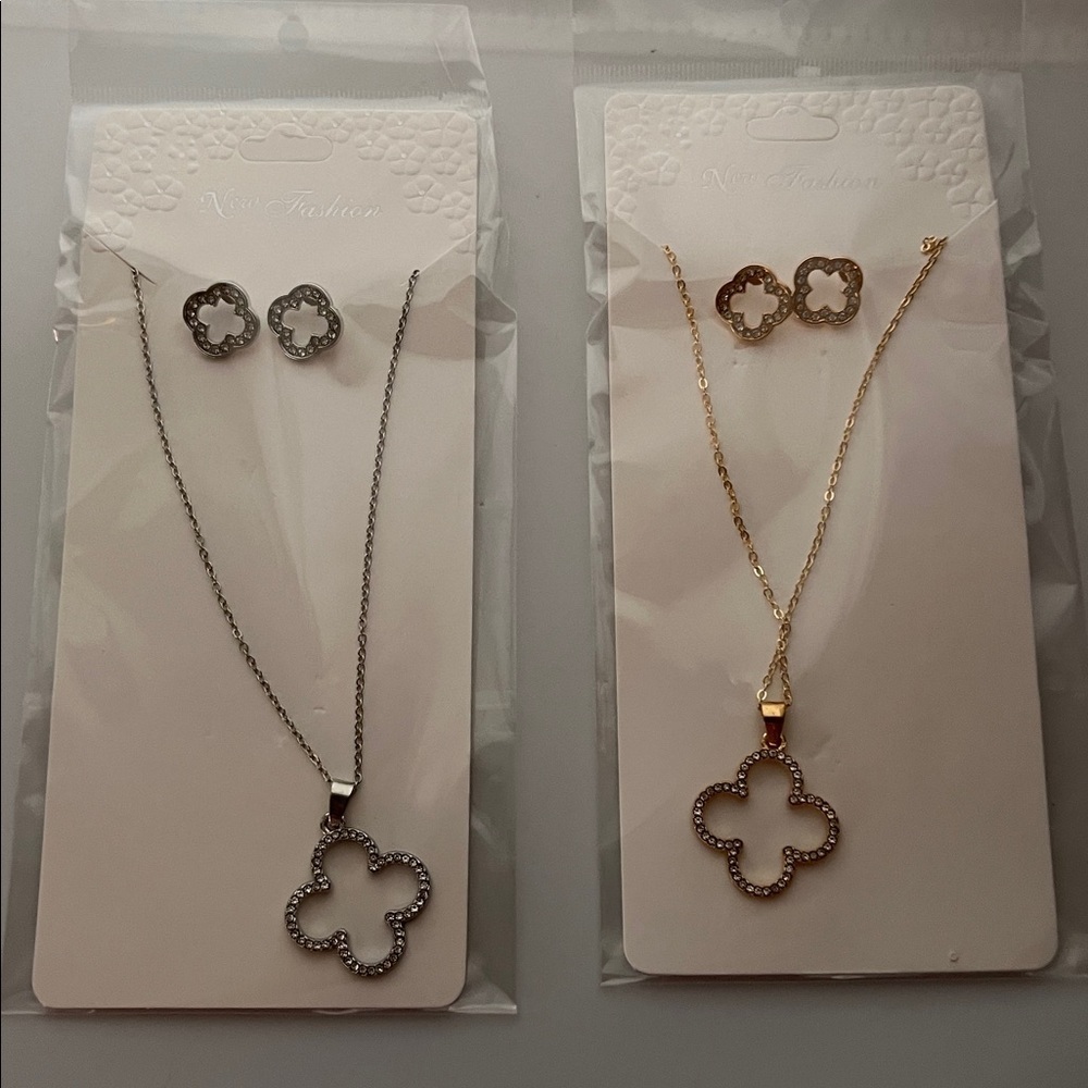 Pick (1) Gold  or Silver Flower Pendant Necklace and Earring Set